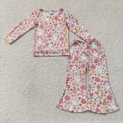 Sibling Baby Girls Ghost Pumpkins Flowers Top Flare Pant Halloween Sets