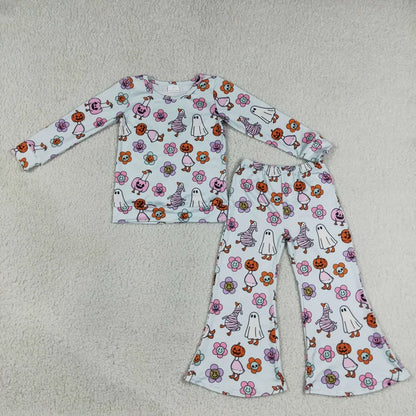 Sibling Baby Girls Ghost Pumpkins Flowers Top Flare Pant Halloween Sets
