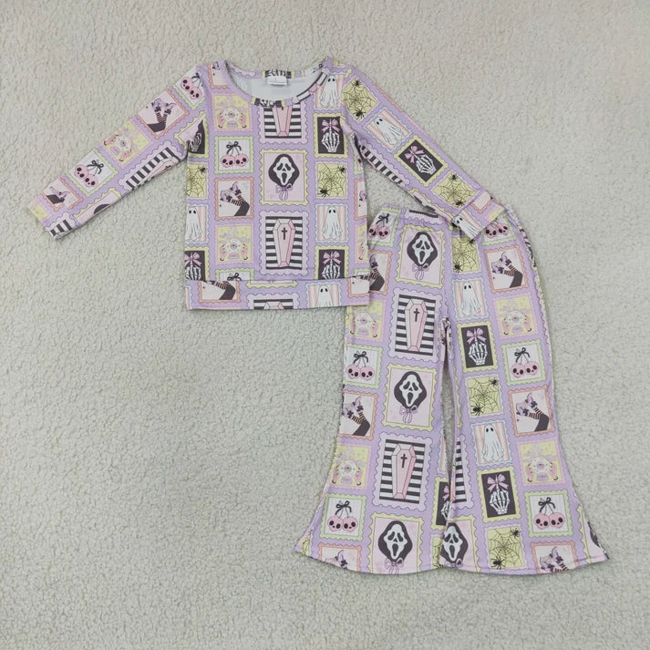 Sibling Baby Girls Ghost Pumpkins Flowers Top Flare Pant Halloween Sets