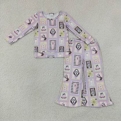 Sibling Baby Girls Ghost Pumpkins Flowers Top Flare Pant Halloween Sets