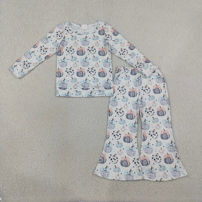 Sibling Baby Girls Ghost Pumpkins Flowers Top Flare Pant Halloween Sets