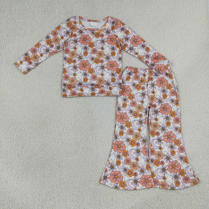 Sibling Baby Girls Ghost Pumpkins Flowers Top Flare Pant Halloween Sets