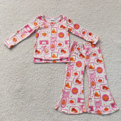 Sibling Baby Girls Ghost Pumpkins Flowers Top Flare Pant Halloween Sets