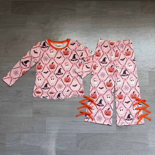 Baby Girls Ghost Pumpkins Scallop Top Bows Pants Halloween Clothes Set Preorder GLP3434