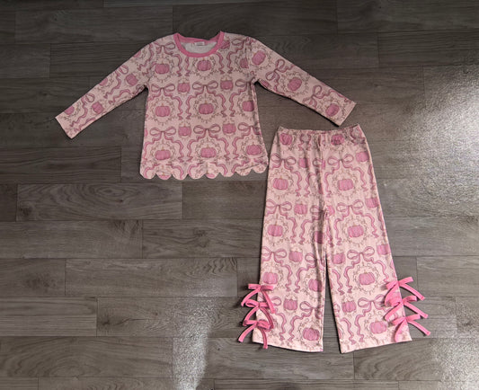 Baby Girls Clothes Bows Pumpkins Checked Scallop Top Bows Pants Fall Clothes Set Preorder GLP3437