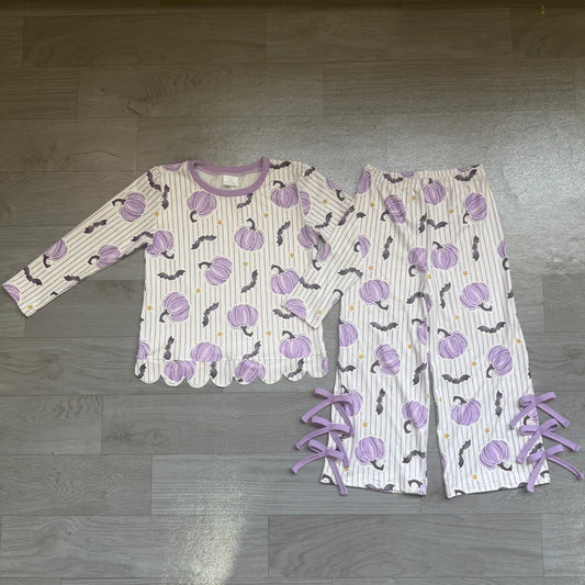 Baby Girls Clothes Bats Pumpkins Stripe Scallop Top Bows Pants Halloween Clothes Set Preorder GLP3438