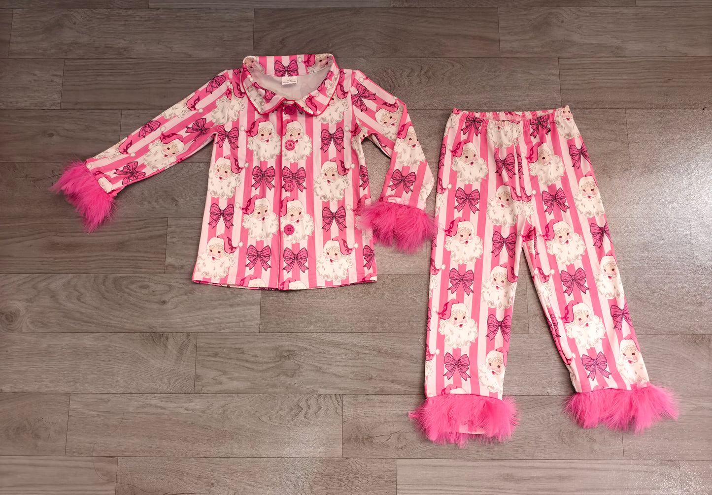 Baby Girls Pink Stripe Bows Santa Button Top Pant Christmas Fur Sleeves Pajamas Set Preorder GLP3478