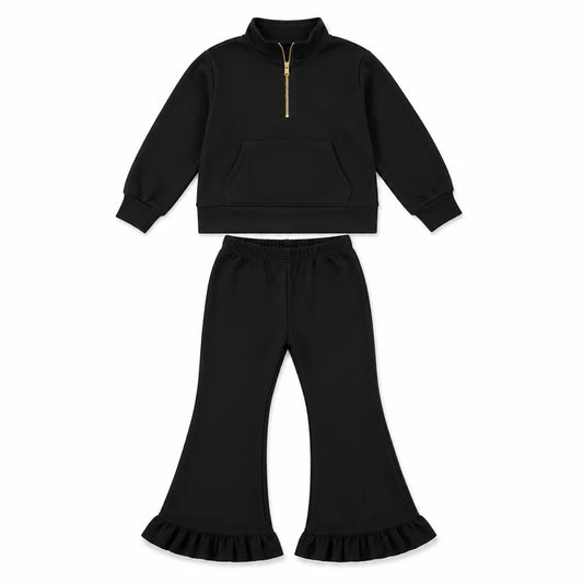 Preorder Baby Girls Black Zip Pockets Top Flare Ruffle Pant Sweater Fabric Clothes Set GLP3489