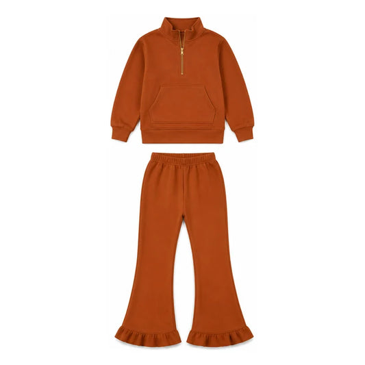Preorder Baby Girls Khaki Zip Pockets Top Flare Ruffle Pant Sweater Fabric Clothes Set GLP3490