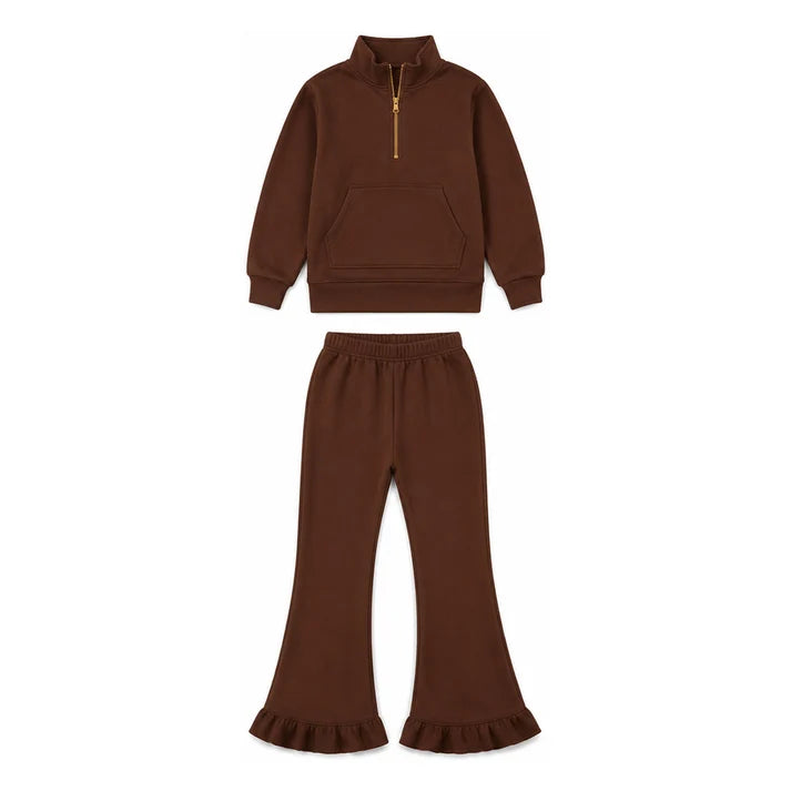 Preorder Baby Girls Brown Zip Pockets Top Flare Ruffle Pant Sweater Fabric Clothes Set GLP3491