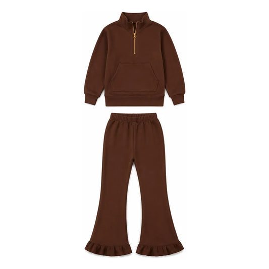 Preorder Baby Girls Brown Zip Pockets Top Flare Ruffle Pant Sweater Fabric Clothes Set GLP3491