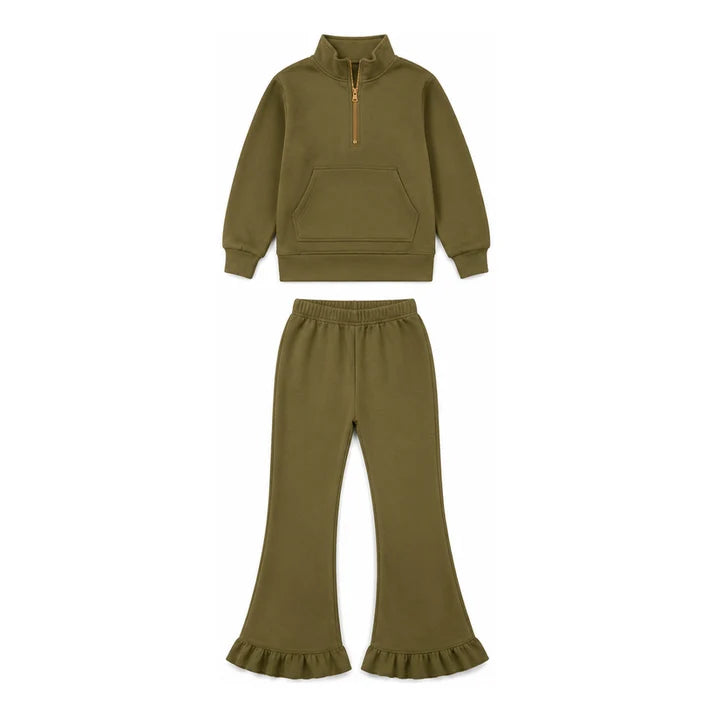 Preorder Baby Girls Olive Zip Pockets Top Flare Ruffle Pant Sweater Fabric Clothes Set GLP3492