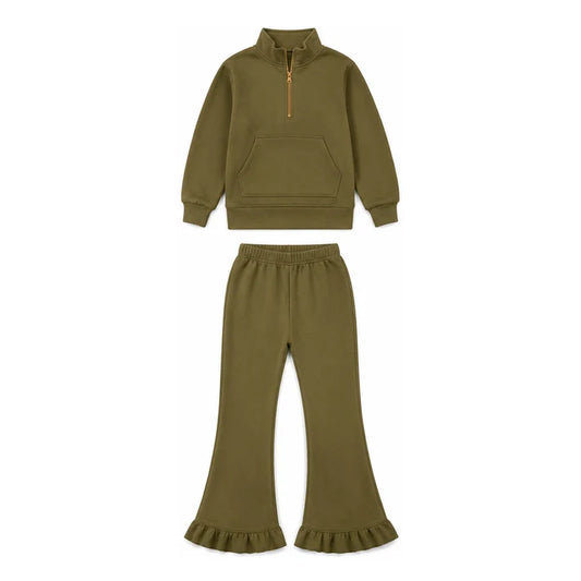 Preorder Baby Girls Olive Zip Pockets Top Flare Ruffle Pant Sweater Fabric Clothes Set GLP3492