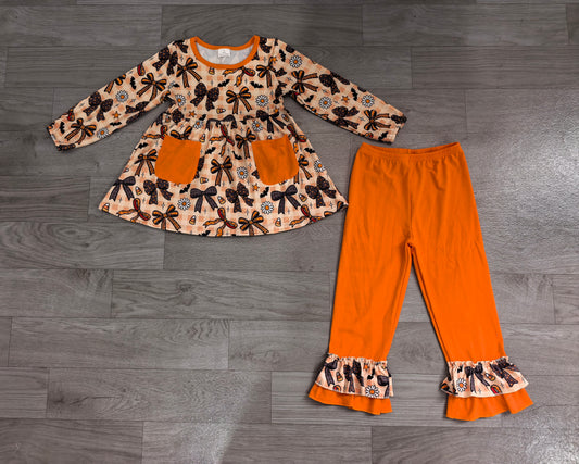 Baby Girls Clothes Bats Flowers Pockets Tunic Ruffle Pant Halloweens Clothes Sets Preorder GLP3534