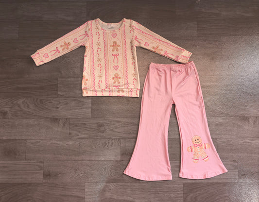 Baby Girls Clothes Bows Gingerbread Stripe Top Flare Pant Christmas Clothes Sets Preorder GLP3540