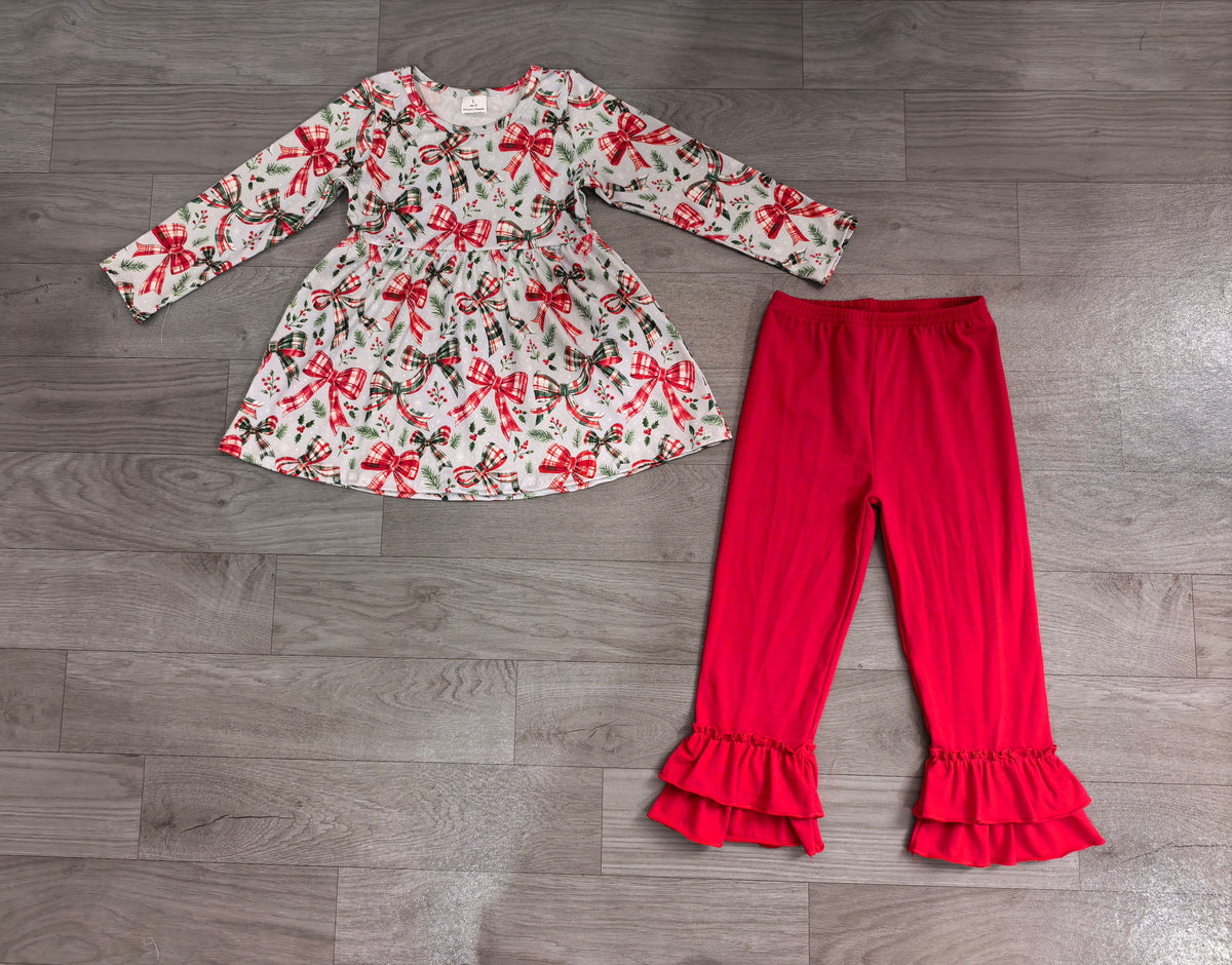 Baby Girls Clothes Checked Bows Holly Top Ruffle Pant Christmas Clothes Sets Preorder GLP3541