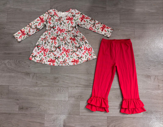 Baby Girls Clothes Checked Bows Holly Top Ruffle Pant Christmas Clothes Sets Preorder GLP3541