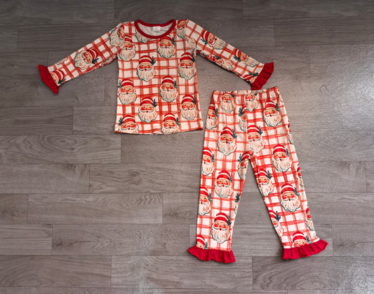 Baby Girls Pajamas Red Checked Santa Top Ruffle Pants Christmas Pajamas Sets Preorder GLP3542