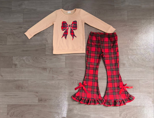 Baby Girls Embroidery Checked Bows Top Ruffle Pant Christmas Clothes Sets Preorder GLP3547