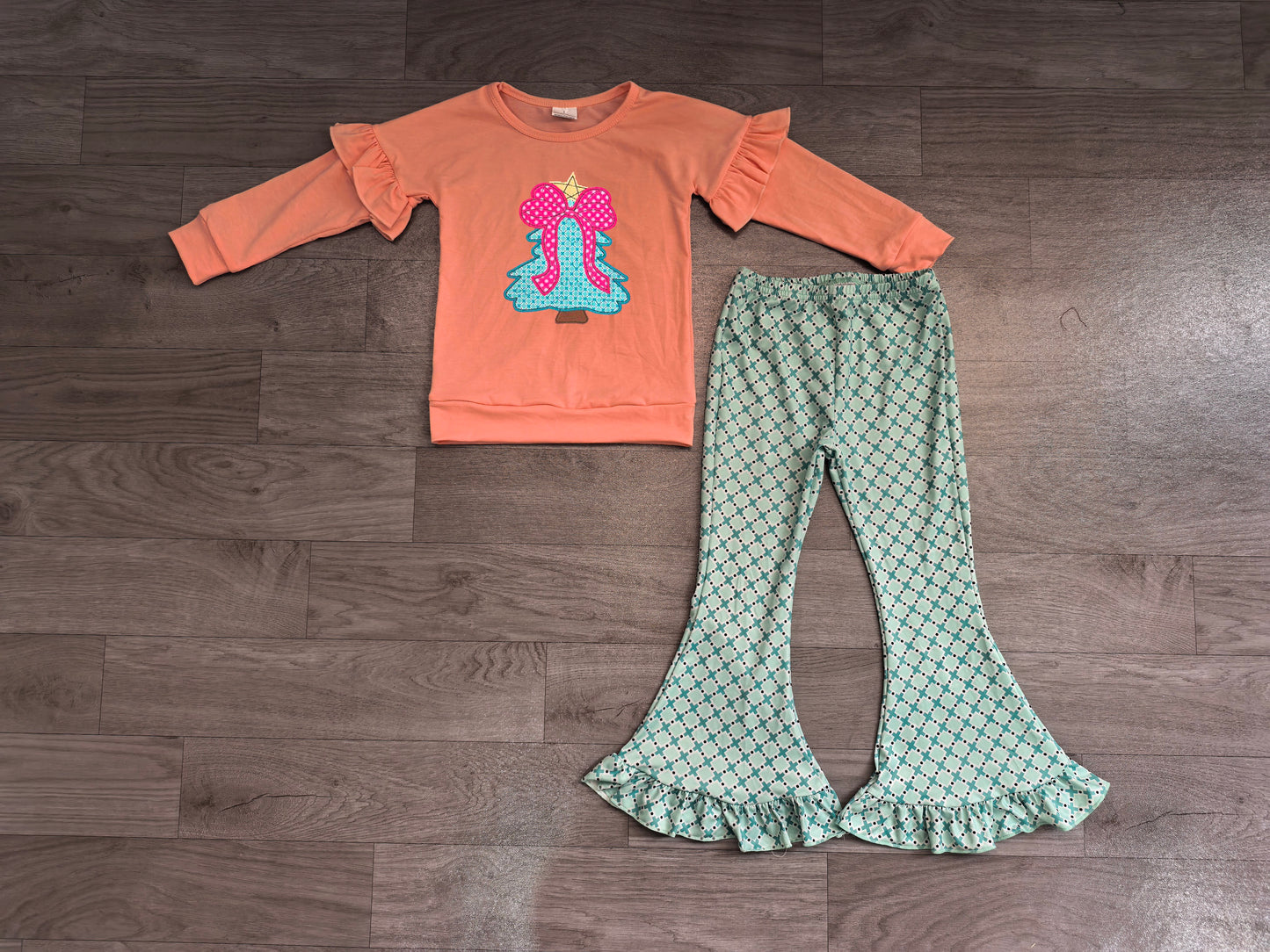 Baby Girls Clothes Embroidery Bow Trees Polka Dots Top Ruffle Pant Christmas Clothes Sets Preorder GLP3548