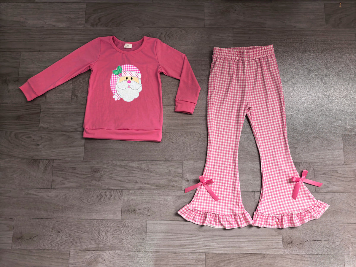 Baby Girls Clothes Embroidery Holly Santa Tops Checked Flare Pants Christmas Clothes Sets Preorder GLP3561