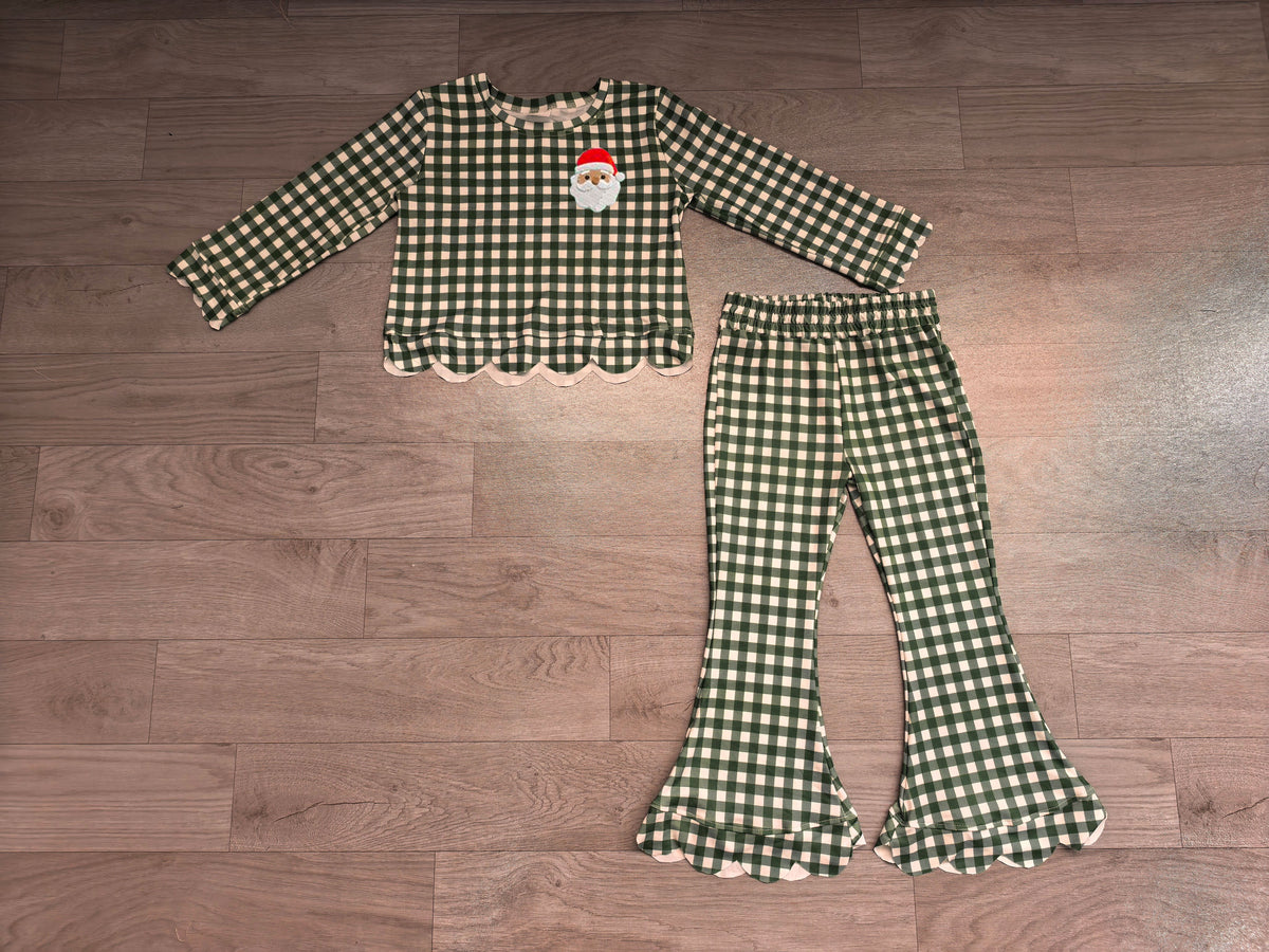 Baby Girls Clothes Embroidery Turkey Green Checked Tops Bell Bottom Pant Christmas Scallop Set Preorder GLP3589