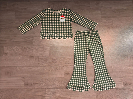 Baby Girls Clothes Embroidery Green Checked Tops Bell Bottom Pant Christmas Scallop Set Preorder GLP3589