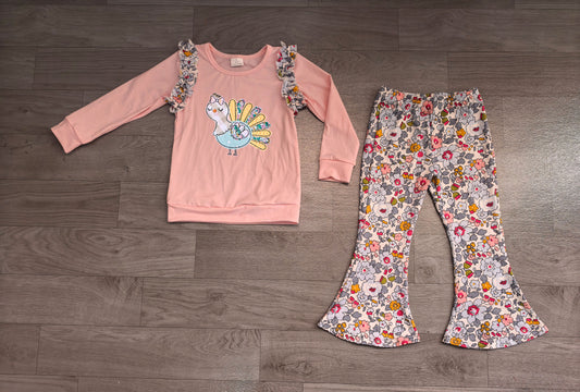 Baby Girls Clothes Embroidery Turkey Flowers Top Flare Pant Thanksgivings Clothes Sets Preorder GLP3597