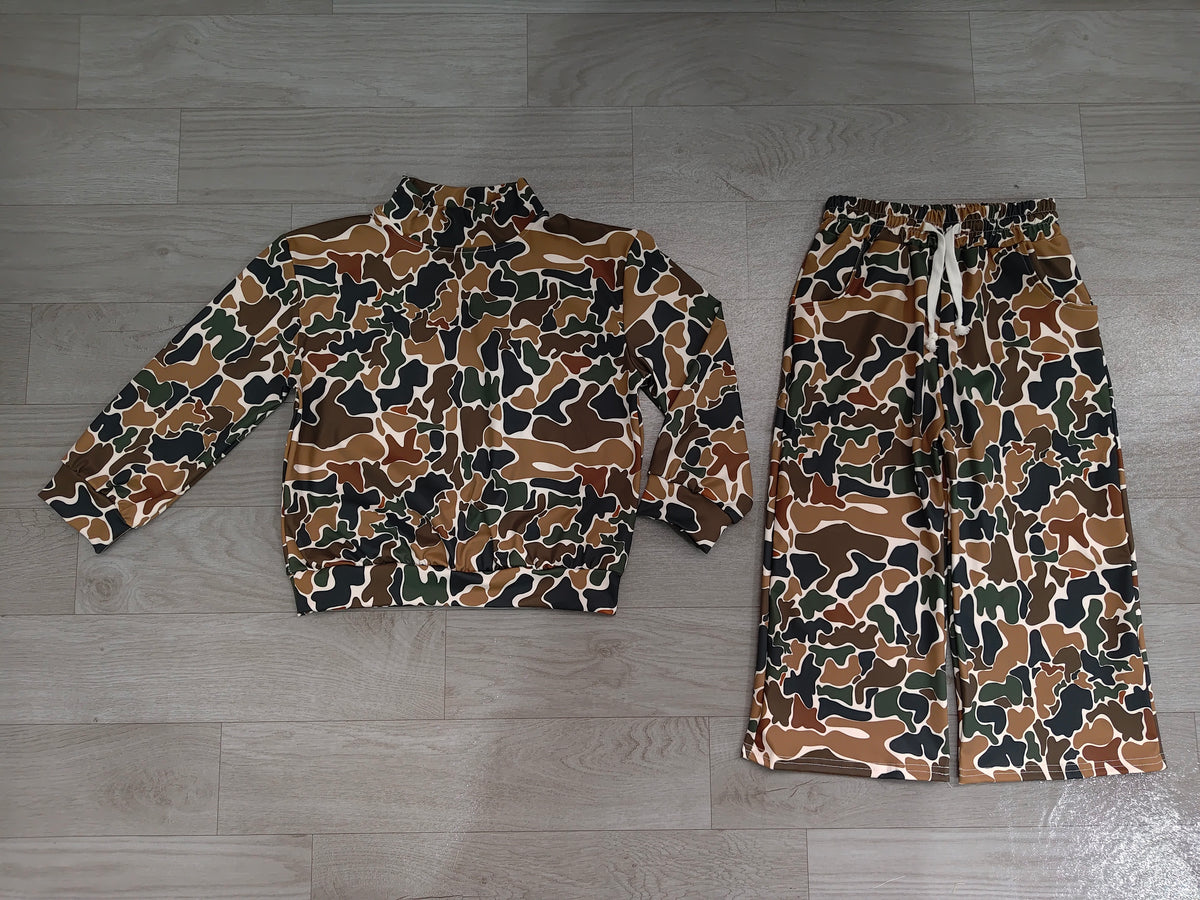 Baby Girls Dark Brown Camo Long Sleeve Top Pockets Pants Yoga Active Clothes Set Preorder GLP3601