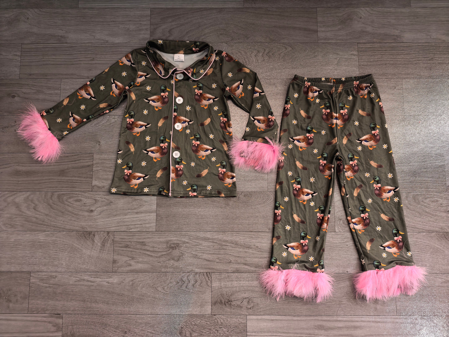 Baby Girls Flowers Ducks Button Top Pant Fur Sleeves Hunting Pajamas Set Preorder GLP3629