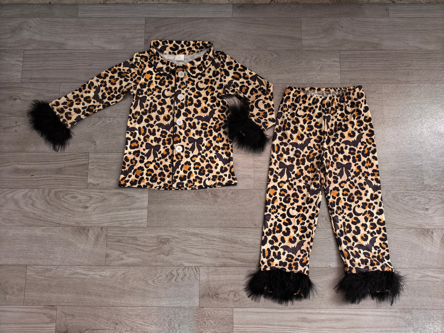 Baby Girls Leopard Bats Button Top Pant Fur Sleeves Halloween Pajamas Set Preorder GLP3640