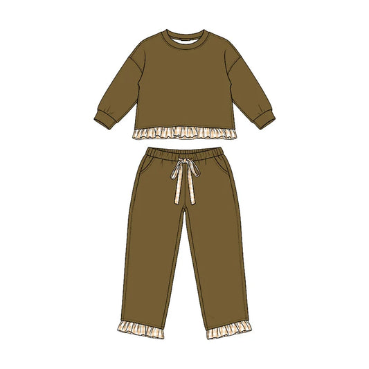 Preorder Baby Girls Olive Long Sleeve Top Pockets Pants Sweatshirt Clothes Sets GLP3646