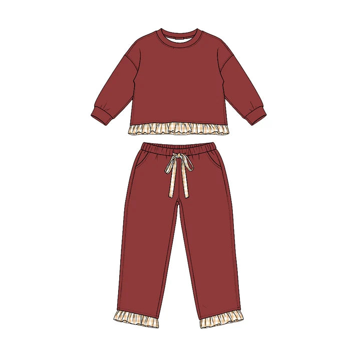 Preorder Baby Girls Maroon Long Sleeve Top Pockets Pants Sweatshirt Clothes Set GLP3647