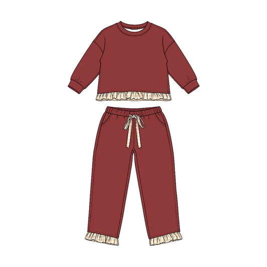 Preorder Baby Girls Maroon Long Sleeve Top Pockets Pants Sweatshirt Clothes Set GLP3647