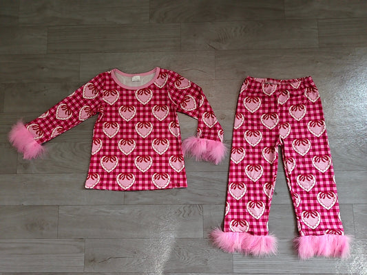 Baby Girls Pink Checked Bow Hearts Top Pant Fur Sleeves Valentines Pajamas Set Preorder GLP3669