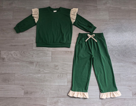 Baby Girls Green Stripe Flutter Sleeve Top Pockets Ruffle Pant Clothes Set Preorder GLP3698