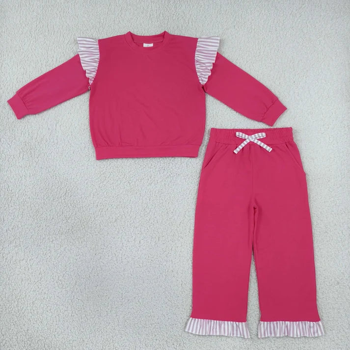 Sibling Baby Girls Long Flutter Sleeves Shirts Top Pockets Ruffle Shorts Pants Clothes Sets