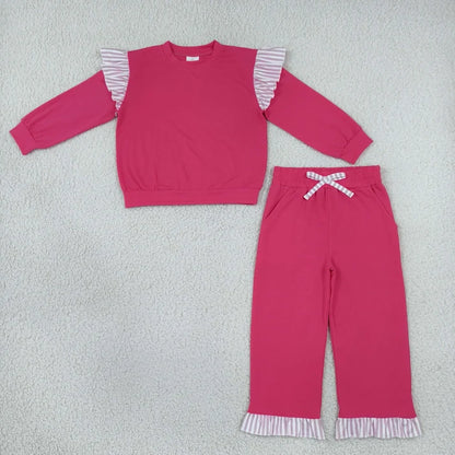 Sibling Baby Girls Long Flutter Sleeves Shirts Top Pockets Ruffle Shorts Pants Clothes Sets