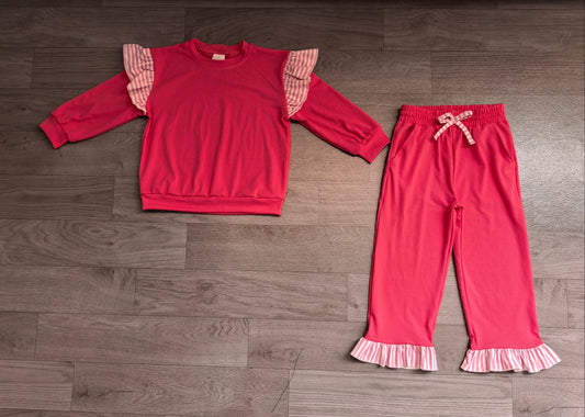 Baby Girls Watermelon Red Stripe Flutter Sleeve Top Pockets Ruffle Pant Clothes Set Preorder GLP3701