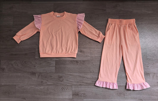 Baby Girls Light Pink Stripe Flutter Sleeve Top Pockets Ruffle Pant Clothes Set Preorder GLP3702