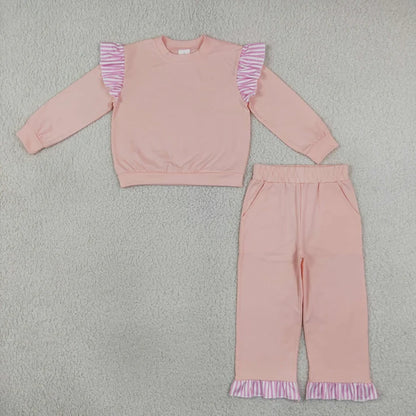 Sibling Baby Girls Long Flutter Sleeves Shirts Top Pockets Ruffle Shorts Pants Clothes Sets