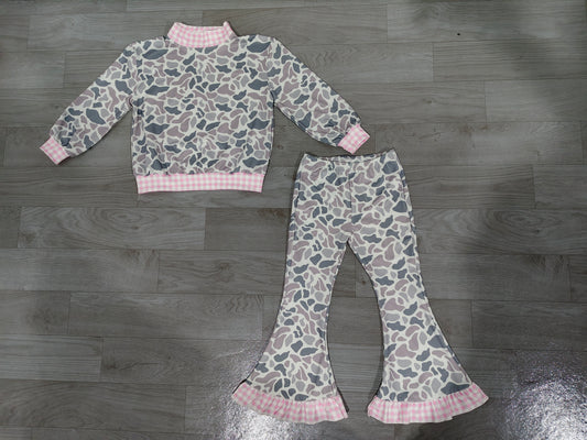 Baby Girls Clothes Southern Light Grey Camo Top Ruffle Flare Pant Clothes Set GLP3737
