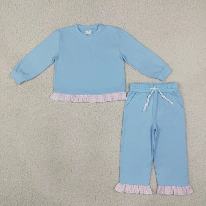 Sibling Baby Girls Long Sleeve Shirts Top Pockets Ruffle Pants Clothes Sets