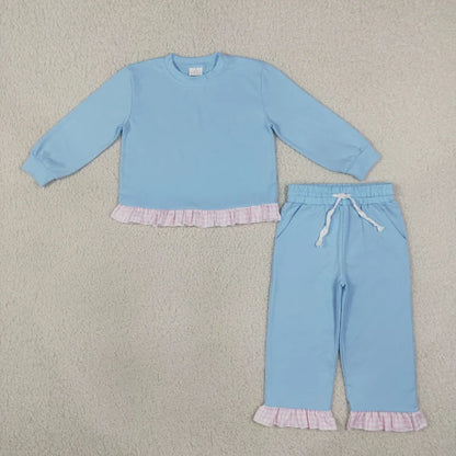 Sibling Baby Girls Long Sleeve Shirts Top Pockets Ruffle Pants Clothes Sets