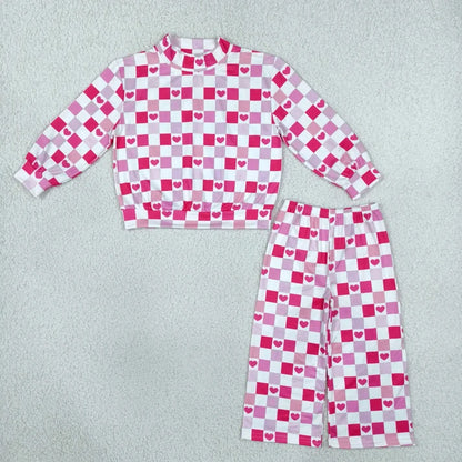 Sibling Baby Girls Pink Checked Hearts Mock Neck Top Pockets Flare Pant Valentines Set Rompers