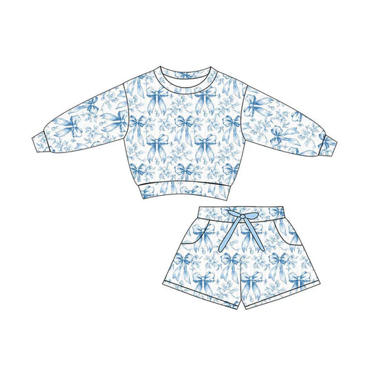 Baby Girls Blue Bows Flowers Long Sleeve Top Pockets Shorts Clothes Sets Preorder 11.29