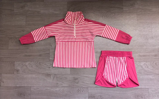 Baby Girls Pink Stripe Zip Pullovers Shorts Yoga Active Clothes Sets Preorder GLS0106