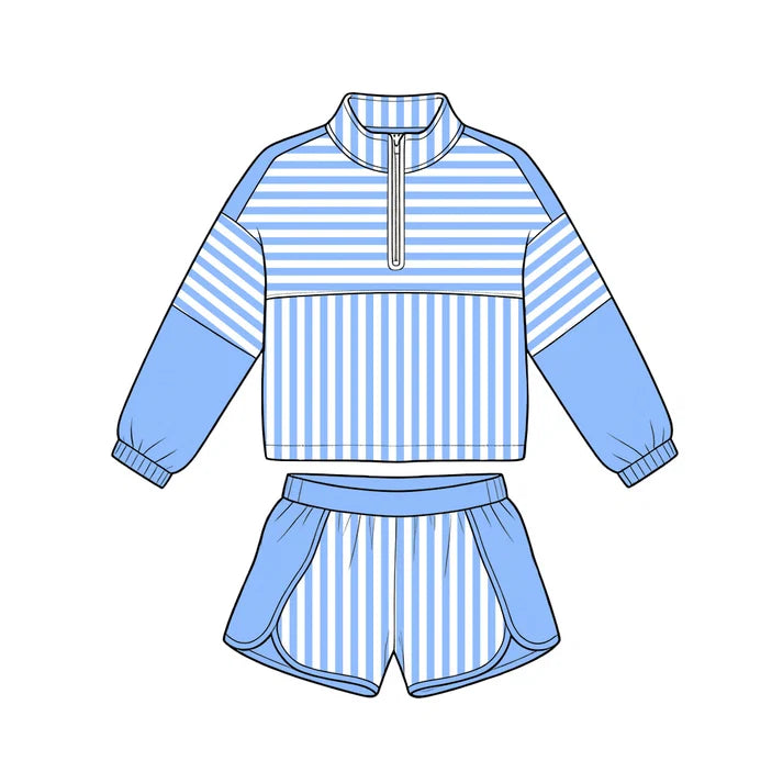 Preorder Baby Girls Blue Stripe Zip Pullovers Shorts Yoga Active Clothes Sets GLS0107