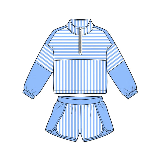 Preorder Baby Girls Blue Stripe Zip Pullovers Shorts Yoga Active Clothes Sets GLS0107
