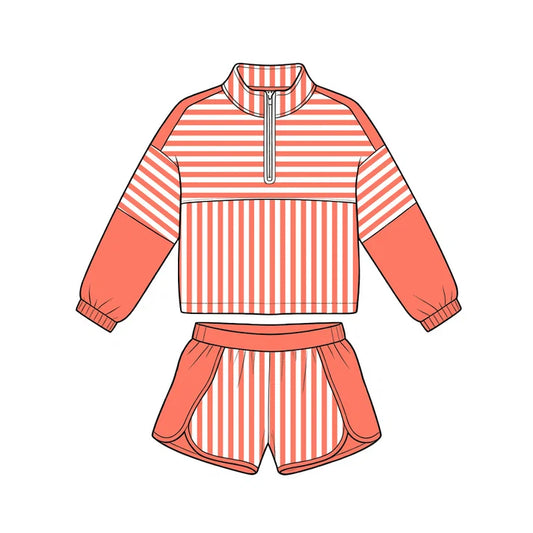 Preorder Baby Girls Orange Stripe Zip Pullovers Shorts Yoga Active Clothes Sets GLS0108